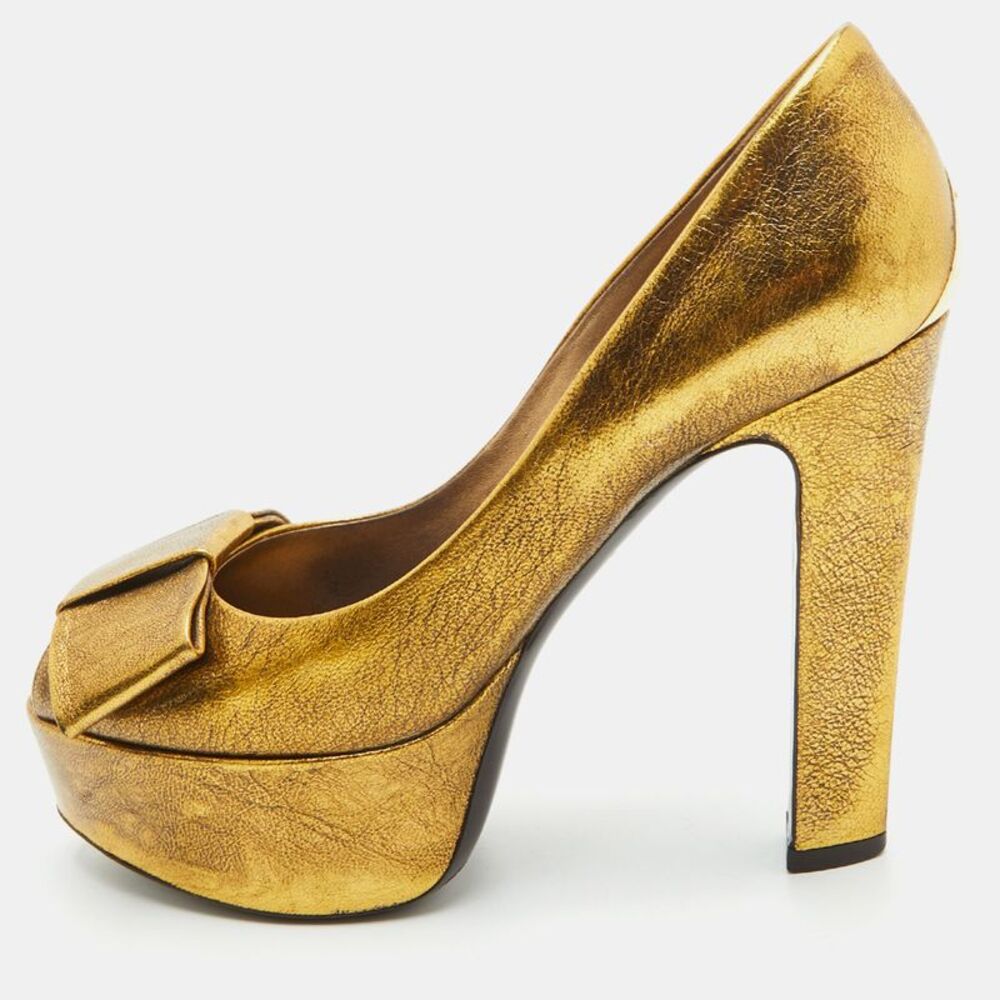Louis Vuitton Size 35.5 Metallic Gold Leather Platform Peep Toe Pumps